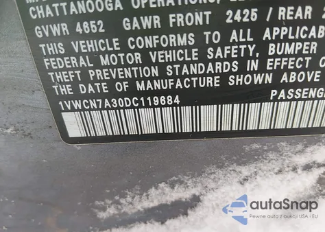 2013 Volkswagen Passat 2.0L Tdi Sel Premium из США, поврежденный, VIN 1VWCN7A30DC119684